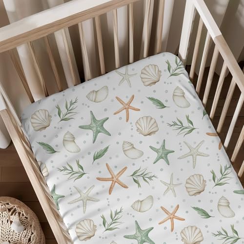 Sábanas de bebé unisex con diseño de conchas marinas y estrellas de mar en acuarela, sábana bajera ajustable para cuna estándar para niños y niñas, 28 x 52 pulgadas