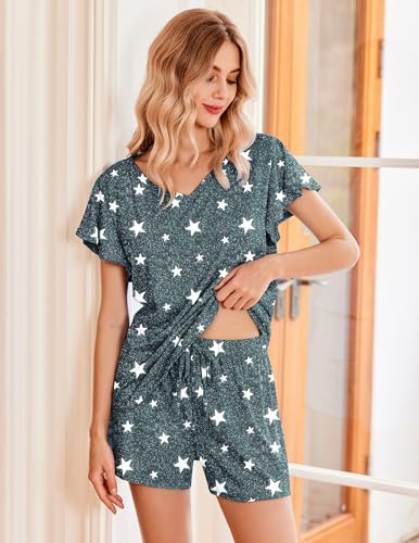 Ekouaer Women's Pajamas Set Ruffle Sleeves Sleepwear V Neck Comfy 2 Piece Pjs Loungewear Set,Star,Large — view 2