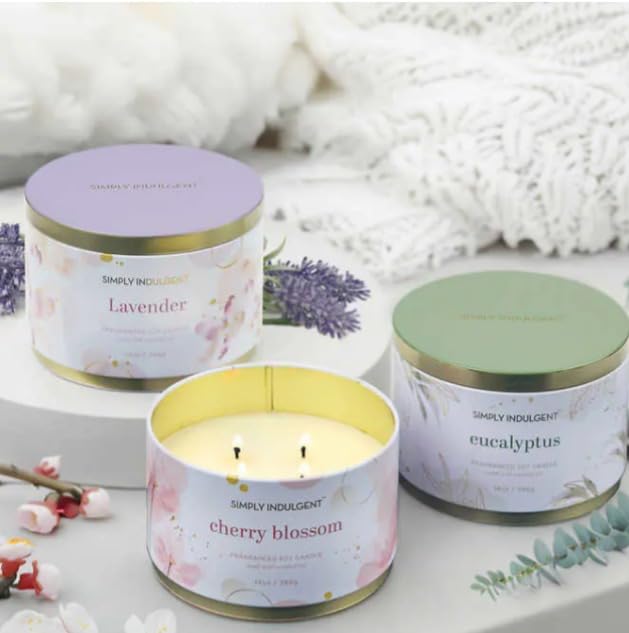 Simply Indulgent 3 Piece Fragranced Candle Set Made with Essential Oils and Soy Wax -Each CandLe contains 14 oz (369g) (Tin Vessels with Lids Included) Scents: Eucalyptus, Cherry Blossom, and Lavender