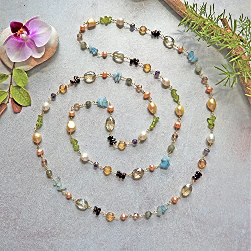 Hand Crafted Wire Wrapped Multi-Shape Multi-Color Gemstone Cultured Freshwater Pearl Wire Beaded Chain Station Necklace, About 45” Long.3