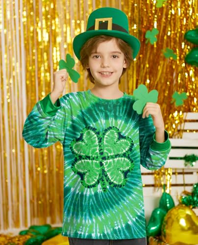 Image of Unisex Kids St. Patrick's Tie Dye Irish Clover Long Sleeve Shirt Shamrock Green Sweatshirt 6-14 Years