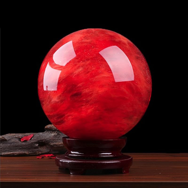 NIBHZ Kula medytacyjna z czerwonego kryształu z drewnianym stojakiem,Red,90~100mm