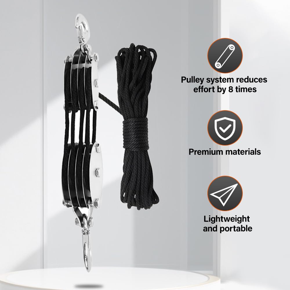 Polea de carga pesada, sistema de poleas de 2000 kg, capacidad de elevación máxima 8:1, rotación de 270°, ahorro de trabajo, cable de alto rendimiento con nailon de 20 m, para garajes de caza