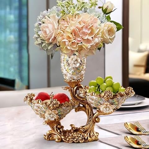 BULUXE 2 Tiered Fruit Bowl for Kitchen Counter, Resin Fruit Basket Plate for Fruit Vegetable Storage Snack Tray Decor with Vase Gold & White (Not Include Artificial Flowers) (White & Gold) Cover