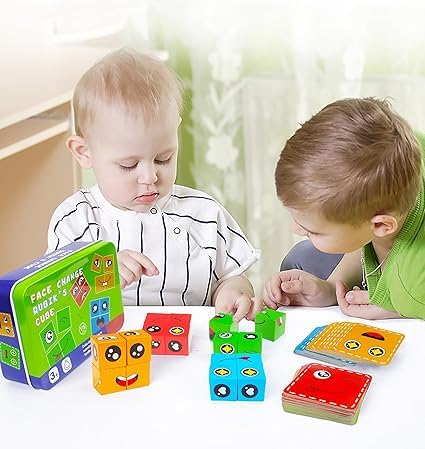 KRIDEZ Face Changing Cube Building Blocks Puzzle, Wooden Face Expression Toy, Educational Face Matching Family Board Game for Kids (16 Wooden Puzzles and 72 Cards) (with Metal Box) 3