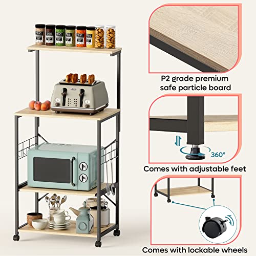 Bestier Kitchen Baker's Rack Utility Storage Shelf Microwave Stand Cart on Wheels with Side Hooks, Kitchen Organizer Rack 4 Tier Shelves Adjustable Feet P2 Wood Oak
