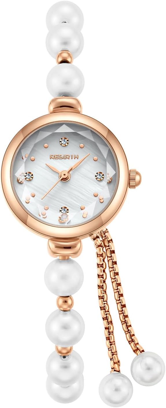 Reginald Women’s Pearl Bracelet Watch ，Petite 22mm Dress Watch with Small Dial, Quartz Analog Wrist Watch with Adjustable Slider Clasp, Elegant Dainty Watch for Women