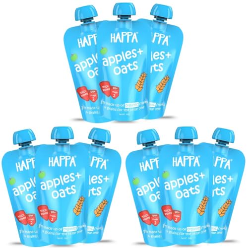 Image of Happa Organic Baby Food Apple and Oats Puree | 100% Fruits and Oats | No Added Sugar, No Milk Powder, No Preservatives | Stage 2 (6 Months+) | Ready to Eat | Free from Common Allergens | Pack of 9 (100g Each)