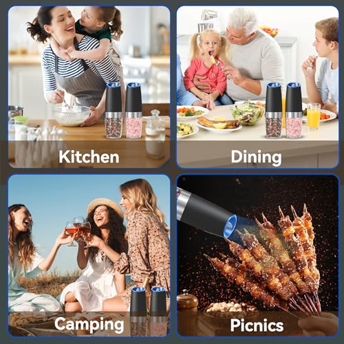 Gravity Electrical Salt and Pepper Grinder set of two, Automated Salt And Pepper Grinder Set, Adjustable Roughness, Battery Powered, LED Mild, 2 Pack, (Black) - Image 8