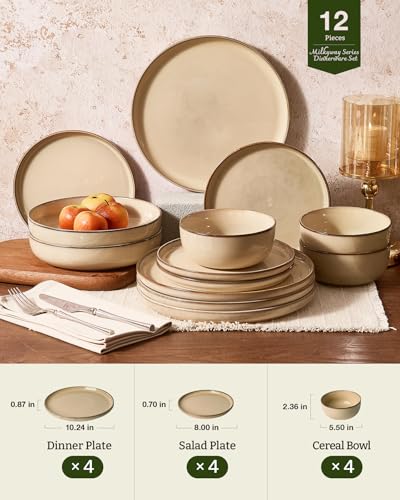 Image of Famiware Milkyway Stoneware Dinnerware Set, 12-Piece, Double Reactive Glaze, Plates and Bowls, Service for 4, Microwave and Dishwasher Safe, Scratch-Resistant, Milk Tea