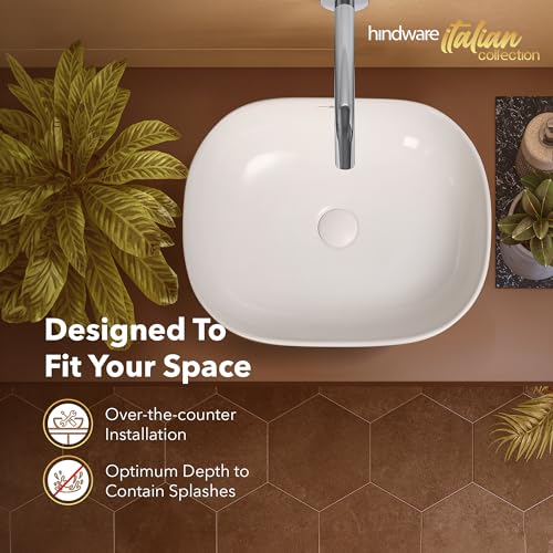 Image of Hindware Italian Collection Amazon Mini Table Top Wash Basin for Bathroom | Made of Ceramic | Star White | Square Shape | Over the Counter Basin
