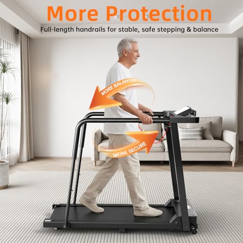 Image of KEY2FUN Walking Treadmill with Long Handrail for Balance, Recovery Fitness Exercise Machine, Treadmills for Home with Holder for Phone & Cup, 300 lbs Capacity, with LCD Display