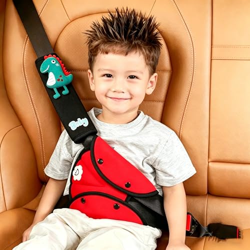 Gomewrop Kids Seat Belt Pad Shoulder & Belly Comfort Pad for Boys Girls Soft Breathable Hypoallergenic 3D Cartoon Dinosaur (Red & Black)