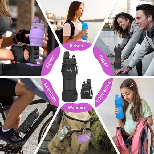 Avaloy faltbare Trinkflasche auslaufsicher Trinkflasche Silikon 600 ml Wasserflasche für kohlensäurehaltige Getränke Wasserflasche weiche Flasche Festival Flasche (Schwarz)