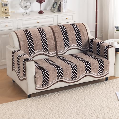 Image of HOKIPO Complete (Seat+Back+Arm) Sofa Mat Set for 2 Seater Sofa |Premium Chenille Sofa Covers with Curve Edges, 'Serene Curves Series' - Nomad Chevron (IN-995+1002+1001 * 2 - D5)