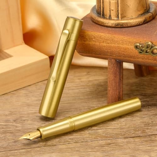 Image of Hongdian M2 Black Forest Mini Fountain Pen, Long Blade Nib & Sleek Shape Brass Short Pocket Travel Pen (Glossy Brass)