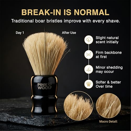 Image of Pink Woolf Boar Shaving Brush for Men | Natural Bristles for Rich Lather & Gentle Exfoliation | Traditional Wet Shaving Brush for Soap & Cream (Shaving Brush (Black Acrylic Handle), 1)