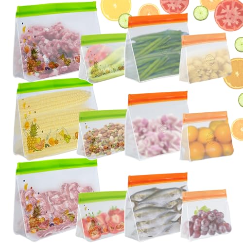 MCTNCT 12 Piezas Bolsas Silicona Reutilizables, Bolsas de Almacenamiento Sin BPA, Bolsas Congelacion PEVA, Bolsas de Alimentos, Bolsas de silicona Zip para Carne Fruta Sandwich leche Verduras
