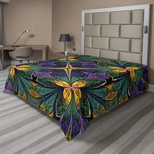 Ambesonne Fractal Flat Sheet, Antique Ornate Symmetric Stained Glass Mosaic Window Style Floral Tile Pattern, Soft Comfortable Top Sheet Decorative Bedding 1 Piece, King Size, Purple Green #TOP15