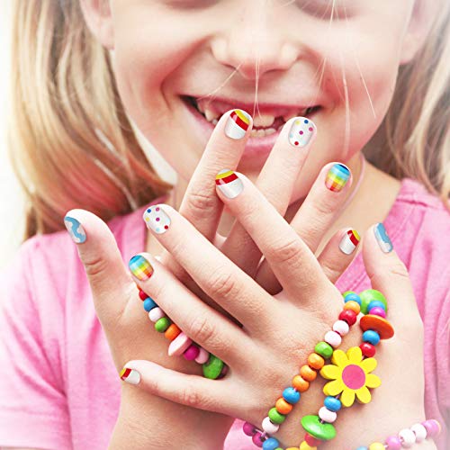 72 Pieces Kids False Nails Press on Artificial Nail Tip Girl Fake Fingernail Kit Full Cover Short for Girls Children Nail Art Decoration, 3 Boxes (Rainbow Theme) - Thumbnail 6