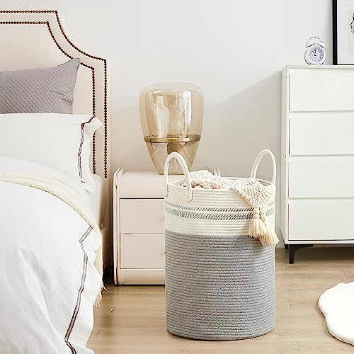 Image of Cotton Rope Laundry Basket with Handles, Large Round Woven Storage Basket for Clothes,Blankets,Towels&Toys, Multipurpose Home Organizer Basket for Bedroom(Grey Mix,Small (35L)(10 inchX10 inchX10 inch)