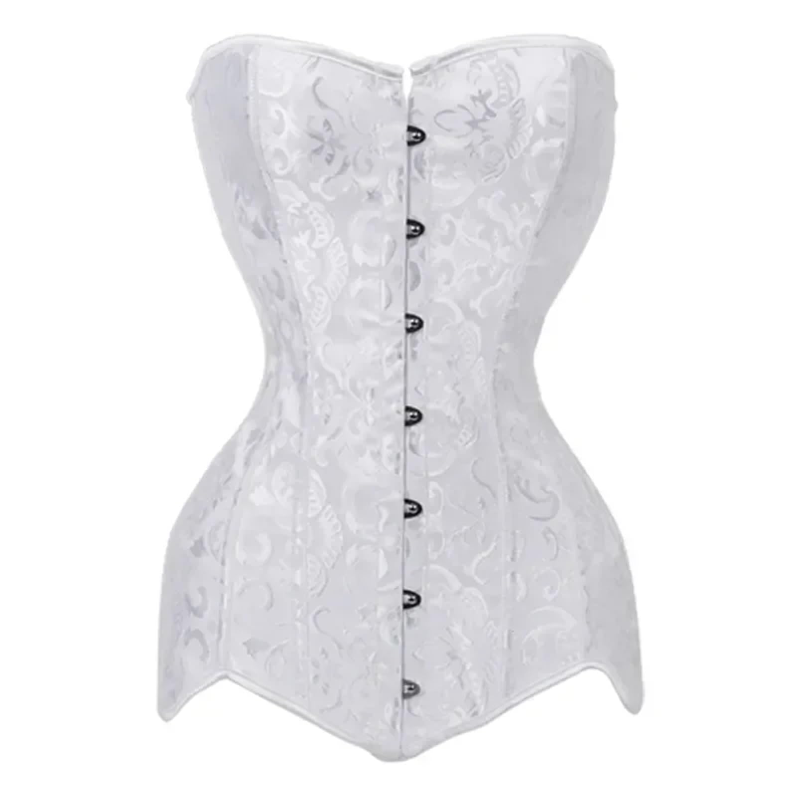 YUSUZH Women Hourglass Longline Overbust Corset Top Steel Boned Long Torso Bustier Vintage Jacquard Corselet for Women(WHITE,XL)