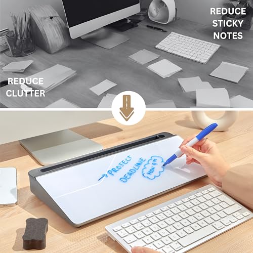 Image of GAROOD Desktop Dry Erase Board with Storage (Grey Base) Desk Desk Board Glass Desktop White Board with Stand Home Office Organizer Phone Holder 15.8X7X2 inches