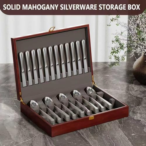 Solid Mahogany Silverware Storage Box,Silverware Chest without Silverware,Flatware Case with Felt Lined and Lid,Silverware Boxes for Flatware,Wood Flatware Storage Box for 12 Sets of Utensils - Thumbnail 2