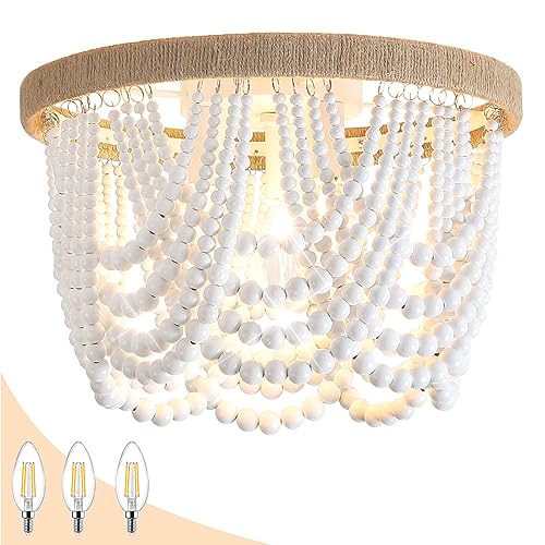 Wood Beaded Chandelier, 3-Light Flush Mount Ceiling Light Fixture for Dining Room, Bedroom, Nursery, 12.32x12.32x8.82 inches, White