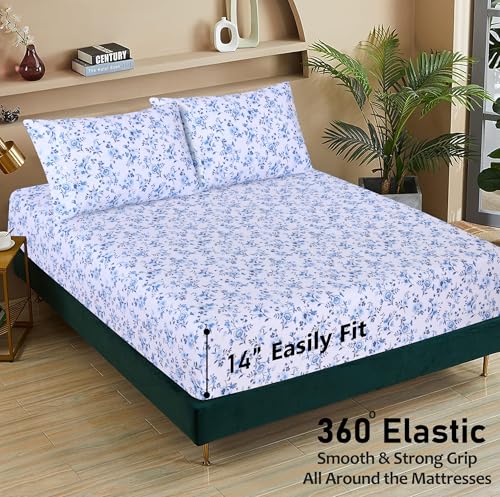 RUVANTI 100% Cotton California King Sheet Sets, 4 Pieces, Soft & Breathable Percale Weave Bedding, Deep Pocket 14", Hotel Standard, Crisp Cool Feel & Durable, Perfect Floral Sheets, Annual