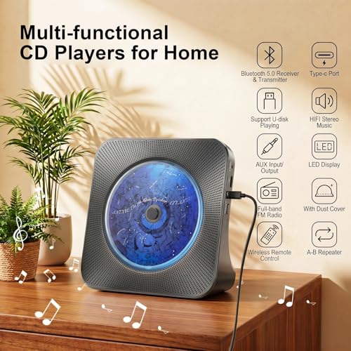 Image of Gueray CD Player Portable Bluetooth Desktop CD Player for Home with Timer Built-in HiFi Speakers with LCD Screen Display Boombox FM Radio USB Type-c (Light Black)