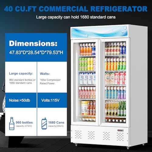 Image of 47.8'' W Commercial Beverage Refrigerators, 40 Cu.ft Glass Door Refrigerator Commercial Cooler with LED Light and 10 Shelves, Display Refrigerator for Restaurant Store Cafe Bar, White