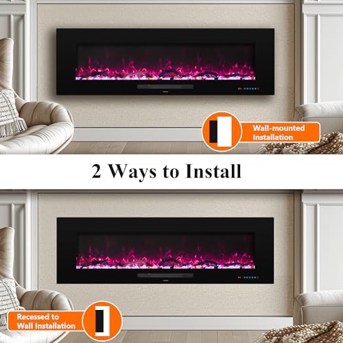 "72" Electric Fireplace, Recessed & Wall Mounted Fireplace Heater 13 * 13 Colors Flame &Fuel Bed w/5 Dimmer, Touchscreen &Remote Control Temp, Overheating Protect, Hardwired, 1500W, Black - Thumbnail 5