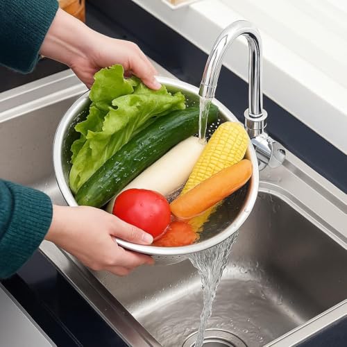 Image of Coconut Stainless Steel Colander Strainer for Kitchen - Large Rice Washer, Fruit & Vegetable Washing Bowl with Handles - Rust-Proof, Heavy-Duty Multipurpose Sieve Basket - Pack of 1 | 18 cm