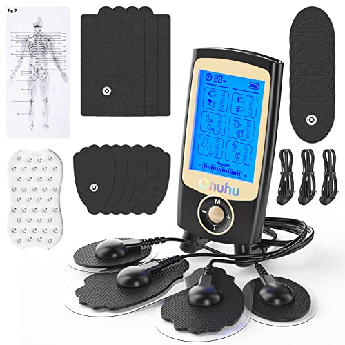 Rechargeable TENS Units, Ohuhu 24 Modes TENS & Powered Muscle Stimulator Massager, 16 Pads Muscle Stimulator, Electric Massager for Back Shoulder Pain Relief Mother Father's Day,Black Gold