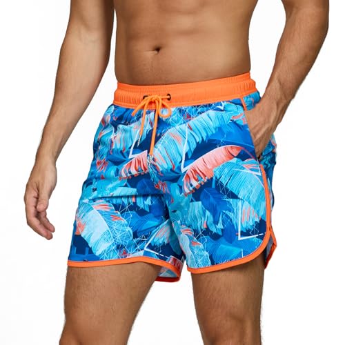 TMEOG Costume Uomo Mare Pantaloncini da Bagno Costumi da Piscina Surf Boxer Mare Costume da Spiaggia Bagno Vintage Pantaloncino Mare con Tasche e Coulisse(Foglie di Banana,XXL)