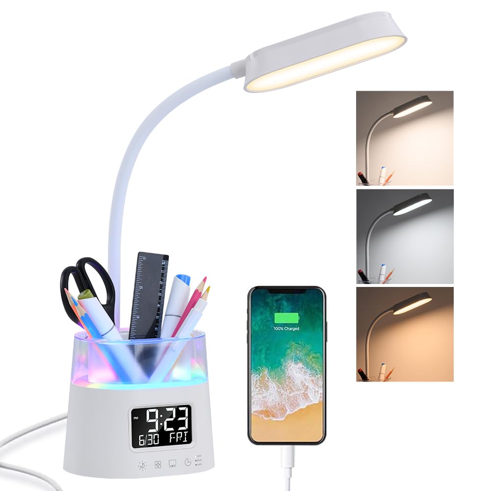 Photo 1 of WILIT LED Desk Lamps for Home Office with Pen Holder, Table Lamp for Bedroom with USB Charging Port & Clock, RGB Night Light, Study Lamp for Kids Girls, Desk Light for College Dorm Room Essentials