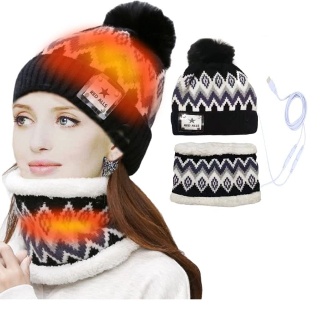 AchortHeated Beanie Hat and Neck Warmer Set 2-in-1 Warm Scarf Pom Knit Hat Womens & Mens Winter Hat USB Heated Hat Scarf Set Lined Knit Beanie Cap Thick Ski Beanie for Running Skiing Cycling