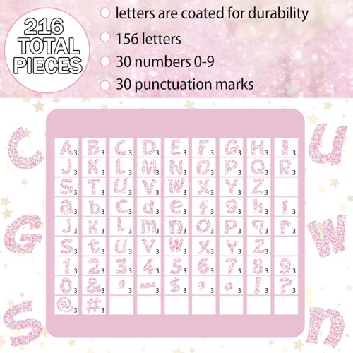 Image of Colarr 216 Pcs Glitter Bulletin Board Letters for Classroom Number Alphabet Punctuation Symbol Cutout 4'' Die-Cut Poster Letter with Adhesive Dot School Party Holiday Decor Display(Iridescence Pink)