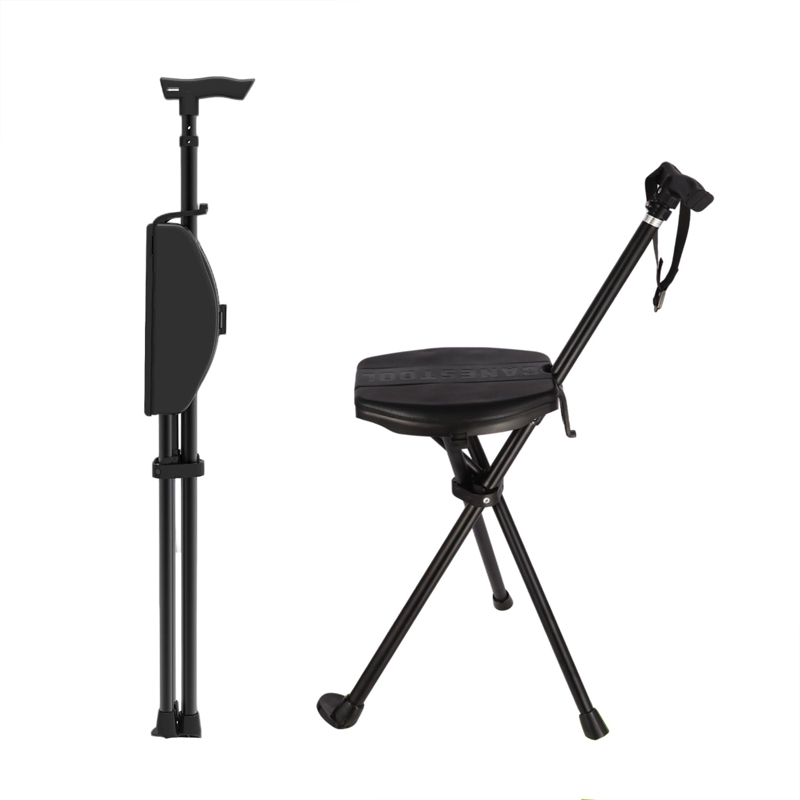 Cane with Seat Folding Lightweight Adjustable Height Walking Stick with Seat, Lightweight Aluminum Portable Cane Stool, for Camping, Hiking, Easy Carry and Storage, Anti-Slip