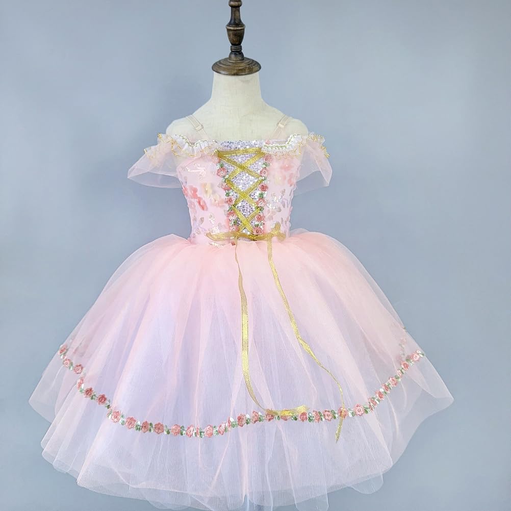 Mädchen-Ballettkleid Blumenstickerei schulterfrei Prinzessin-Ballerina-Tutu, Kostüm Partyaufführungen