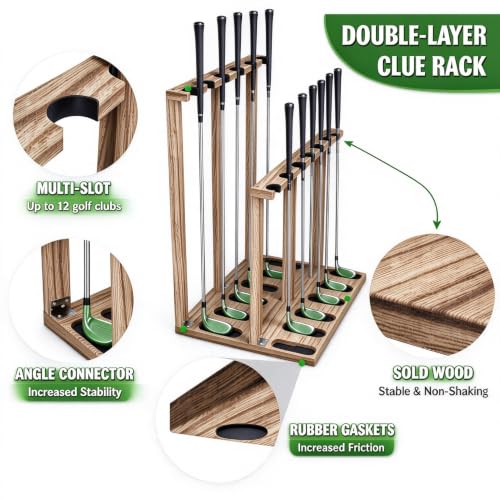 Double Layer Wooden Golf Club Organizer Rack, Vertical Golf Club Holder Stand, Freestanding Golf Equipment Storage & Display Rack for Home, Garage, Office, Golf Clubhouse, Golf Accessory for Golfers - image 5