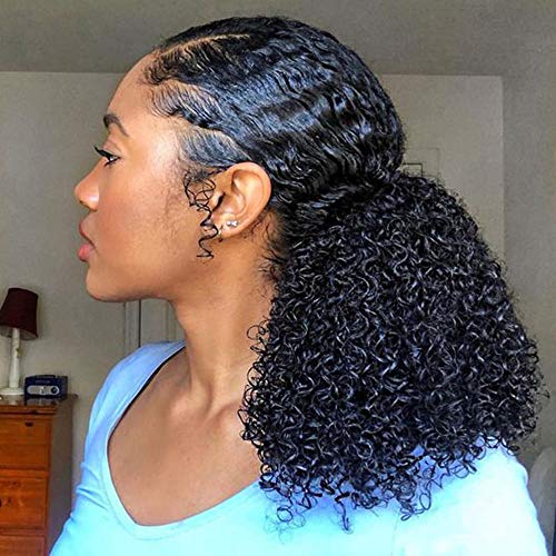 Btwtry Afro Kinky Curly Clip On Top Closure Ponytail Brazilian Virgin Human Hair African American Human Virgin Hair Extension 3B 3C Drawstring Puff Hairpiece (18Inch, 3B 3C) #TOP10