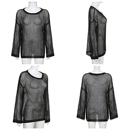 Image of Women Y2K Crochet Knit Hollow Out Blouse Top Sweater Fishnet Long Sleeve Oversized Pullovers T Shirt