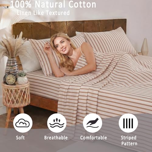 Image of Merryword 100% Cotton Sheet Set Full Size - Beige and Terracotta Striped Bedding, Soft Breathable Percale Weave, Deep Pocket Fitted Sheet 17.5 inch, Luxury & Silky Soft Sheet Set for All Seasons