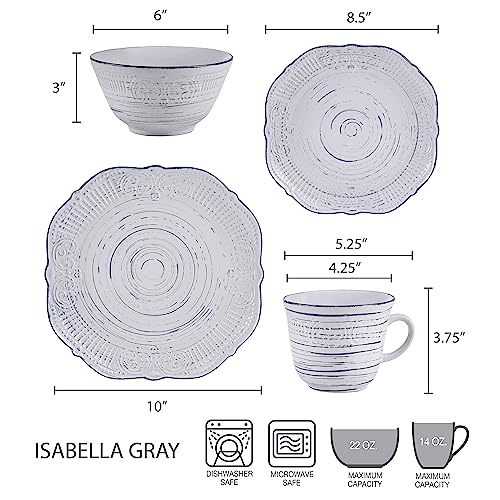 Image of Pfaltzgraff Isabella 16-Piece Stoneware Dinnerware Set, Service for 4 - Handpainted Unique Glazed Finish - Includes Dinner Plates, Salad Plates, Bowls, Mugs - Dishwasher & Microwave Safe (Gray)