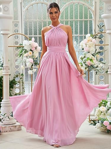 Halter Chiffon Bridesmaid Dresses for Women A Line Formal Gown Ruched Long Evening Dress with Pocket PS5313