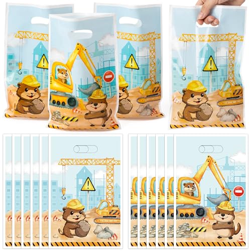 ArowlWesh 50Pcs Construction Beaver Party Favor Bags, Construction Themed Plastic Candy Goodie Treat Bags with Handles Cute Excavator Truck Pattern Baby Shower Kids Birthday Party Supplies
