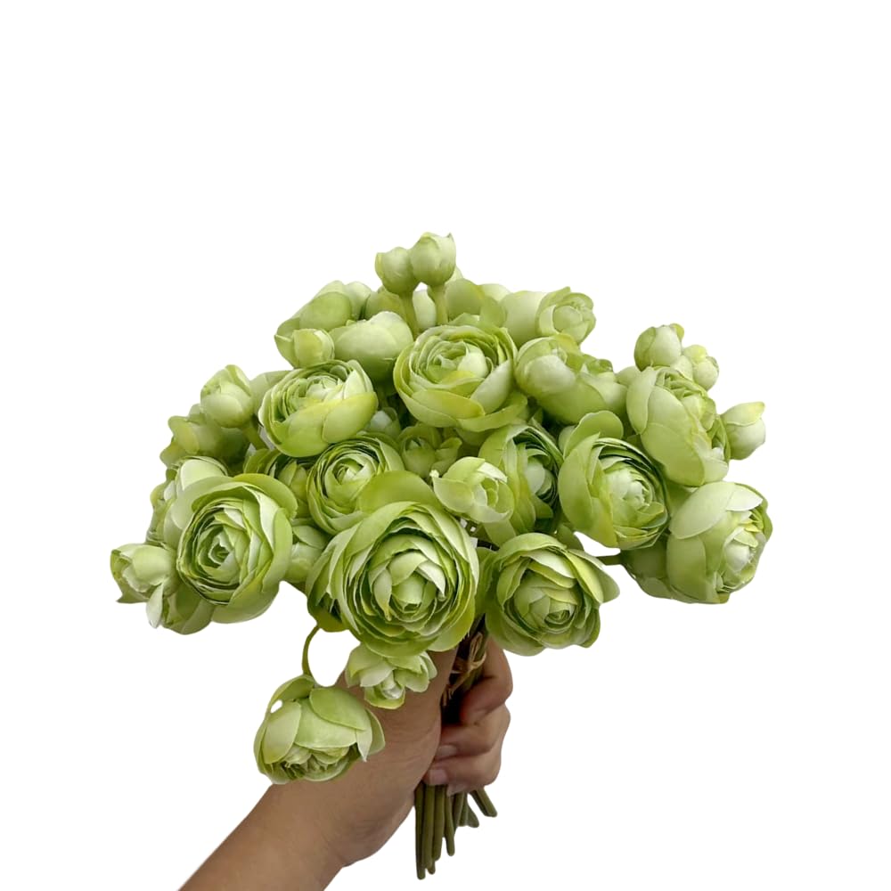 DODXIAOBEUL 18pcs Mini Ranunculus Artificial Flower 11 inch Silk Ranunculus Flower Bouquet Bridal Shower Filler Flowers for Home Centerpieces Arrangements Wedding Engagement Decorations,Green