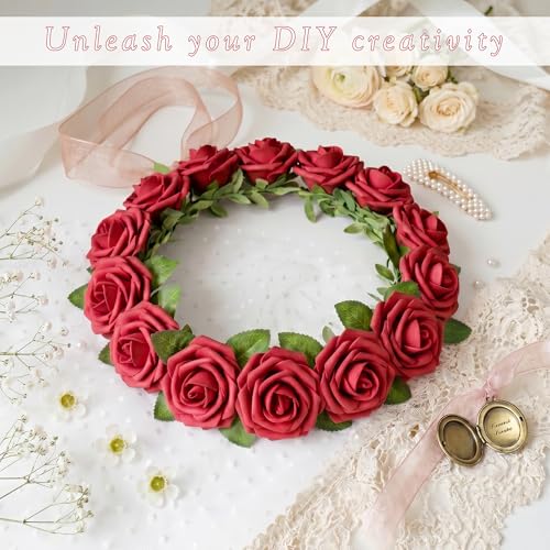 Rosas artificiales rojas burdeos de espuma con tallos para decoración navideña 4